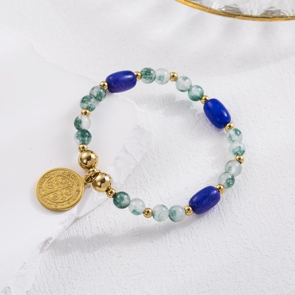 3/$35 18K Gold Plated Cross Coin Bracelet Charm Blue Beads Stainless steel - Picture 6 of 6